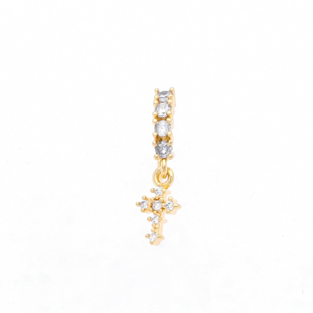 CZ Hoop Nose Ring with Dangle CZ Cross - Gold-Nose Studs-1-Glitters
