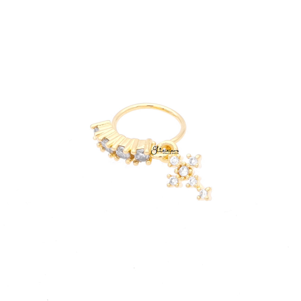 CZ Hoop Nose Ring with Dangle CZ Cross - Gold-Nose Studs-2-Glitters