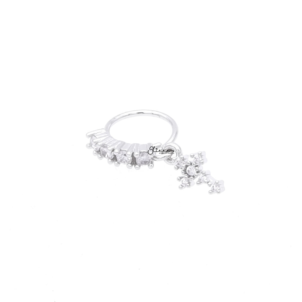 CZ Hoop Nose Ring with Dangle Cross - Silver-Nose Studs-2-Glitters