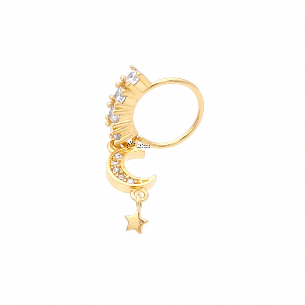 CZ Hoop Nose Ring with Dangle CZ Moon and Star - Gold-Nose Studs-2-Glitters
