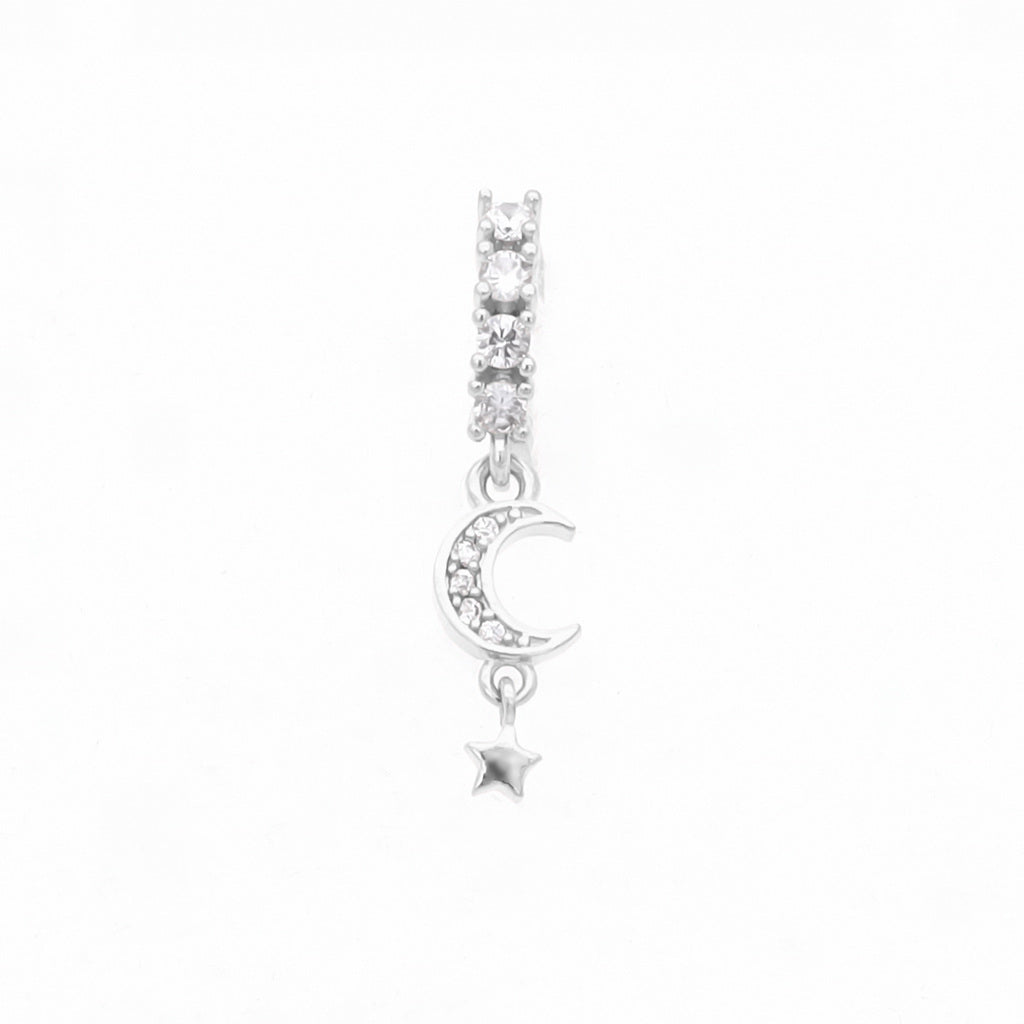 CZ Hoop Nose Ring with Dangle CZ Moon and Star - Silver-Nose Studs-1-Glitters
