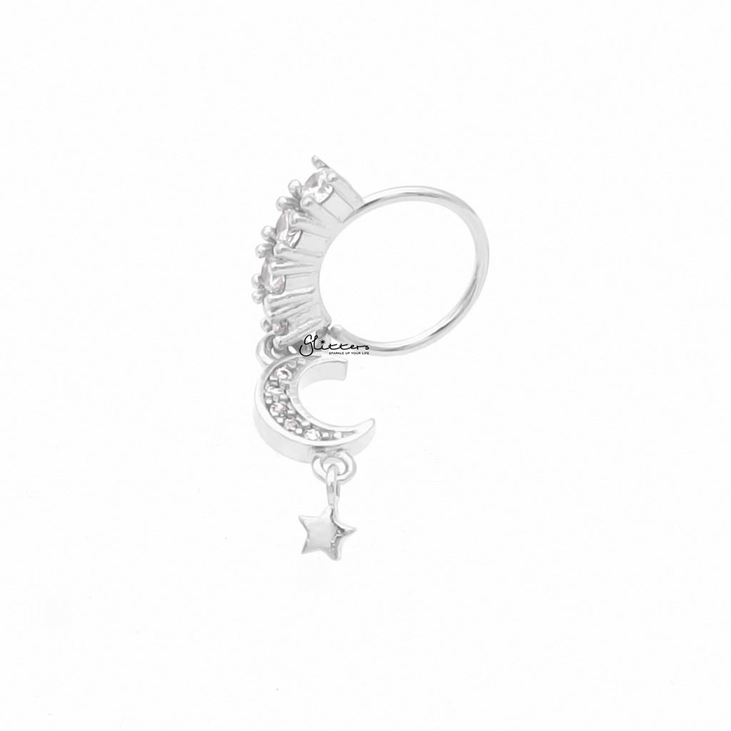 CZ Hoop Nose Ring with Dangle CZ Moon and Star - Silver-Nose Studs-2-Glitters