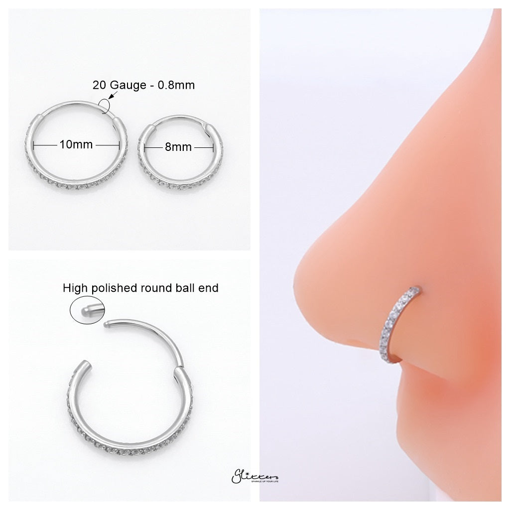 CZ Paved Hinged Segment Nose Hoop Ring - Silver-Nose Rings-2-Glitters