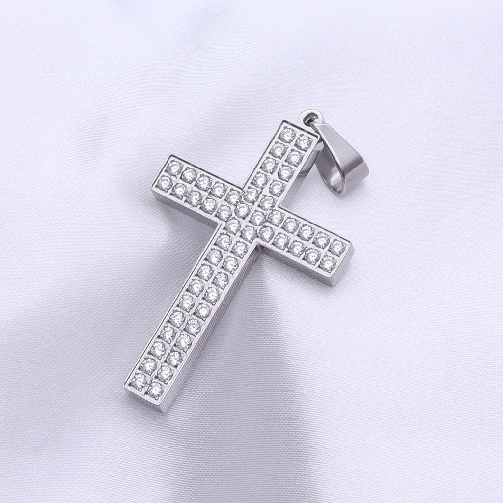 CZ Paved Stainless Steel Cross Pendant - Silver-Pendants-3-Glitters