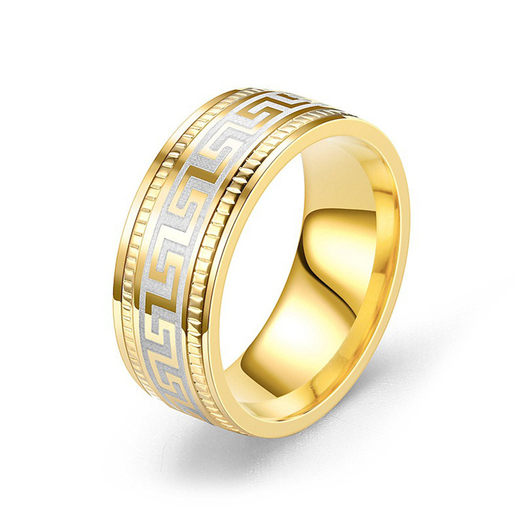Stainless Steel Greek Key Pattern Band Ring - Gold-Stainless Steel Rings-1-Glitters