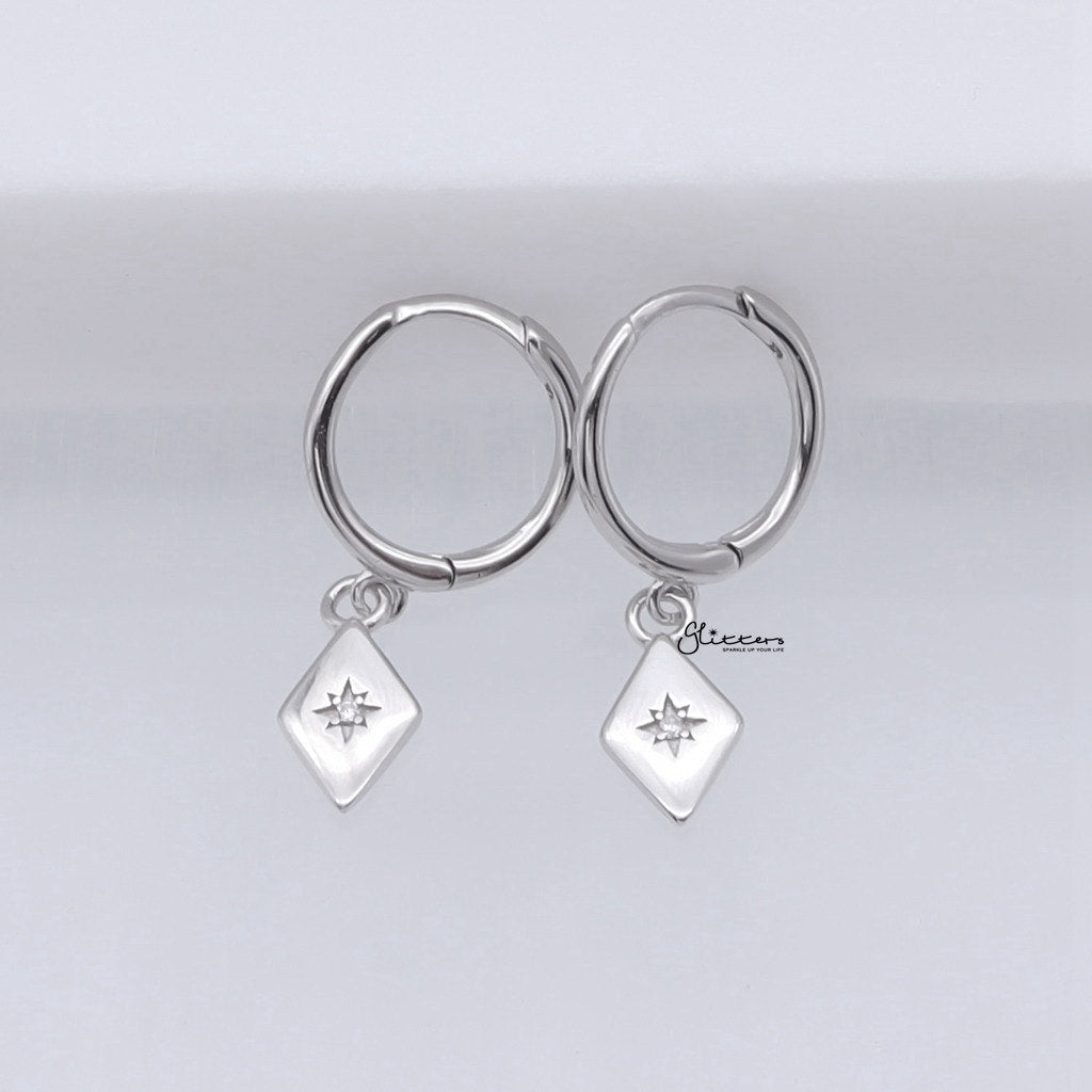 Sterling Silver Rhombus Charm Huggie Hoop Earrings - Silver-Hoop Earrings-3-Glitters