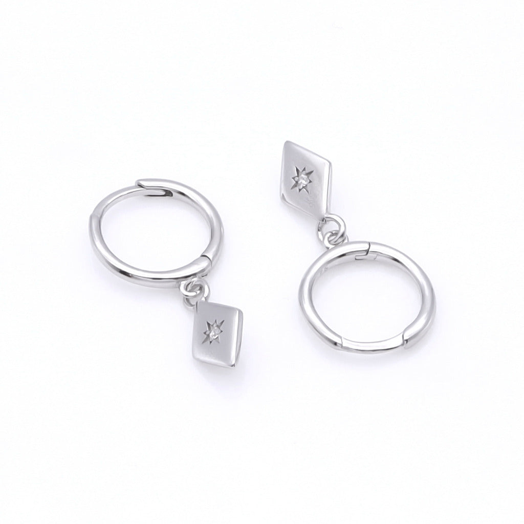 Sterling Silver Rhombus Charm Huggie Hoop Earrings - Silver-Hoop Earrings-1-Glitters
