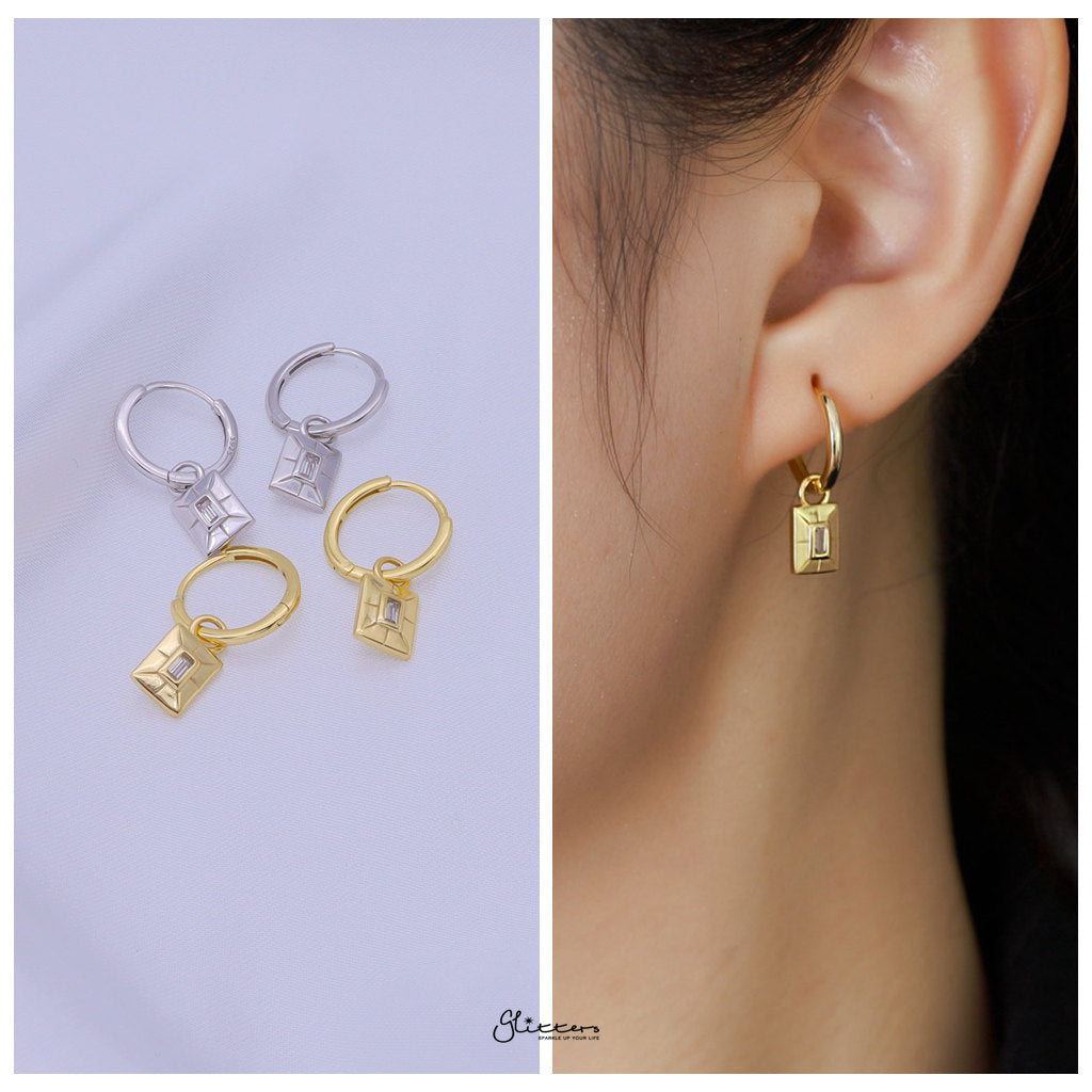 Rectangle Charm Huggie Hoop Earrings - Gold-Hoop Earrings-2-Glitters