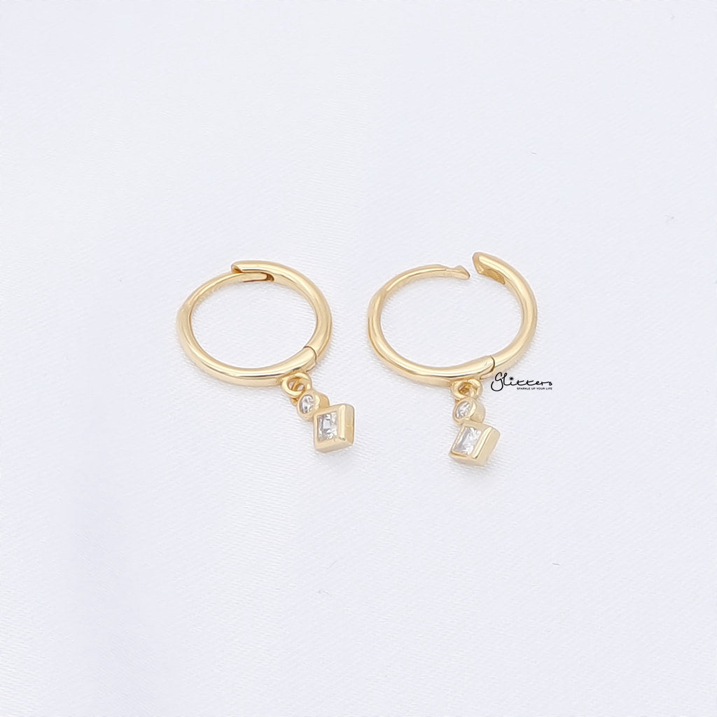 Rhombus and Round CZ Charm Hoop Earrings - Gold-Hoop Earrings-3-Glitters