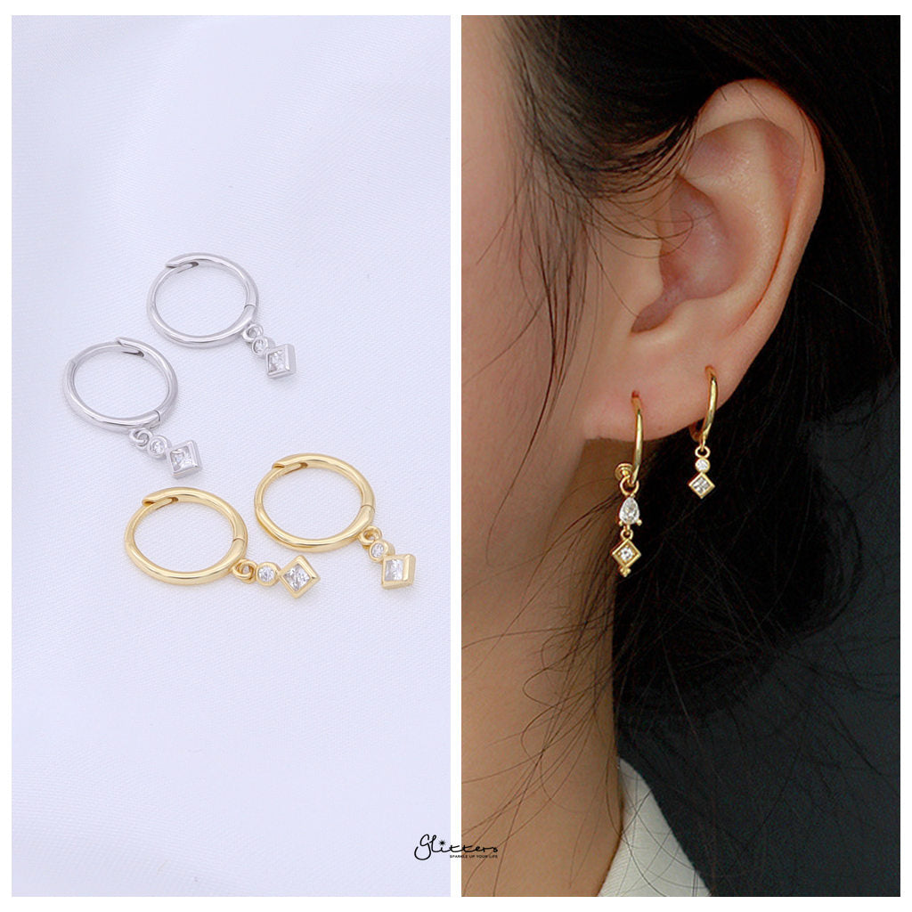 Rhombus and Round CZ Charm Hoop Earrings - Gold-Hoop Earrings-2-Glitters