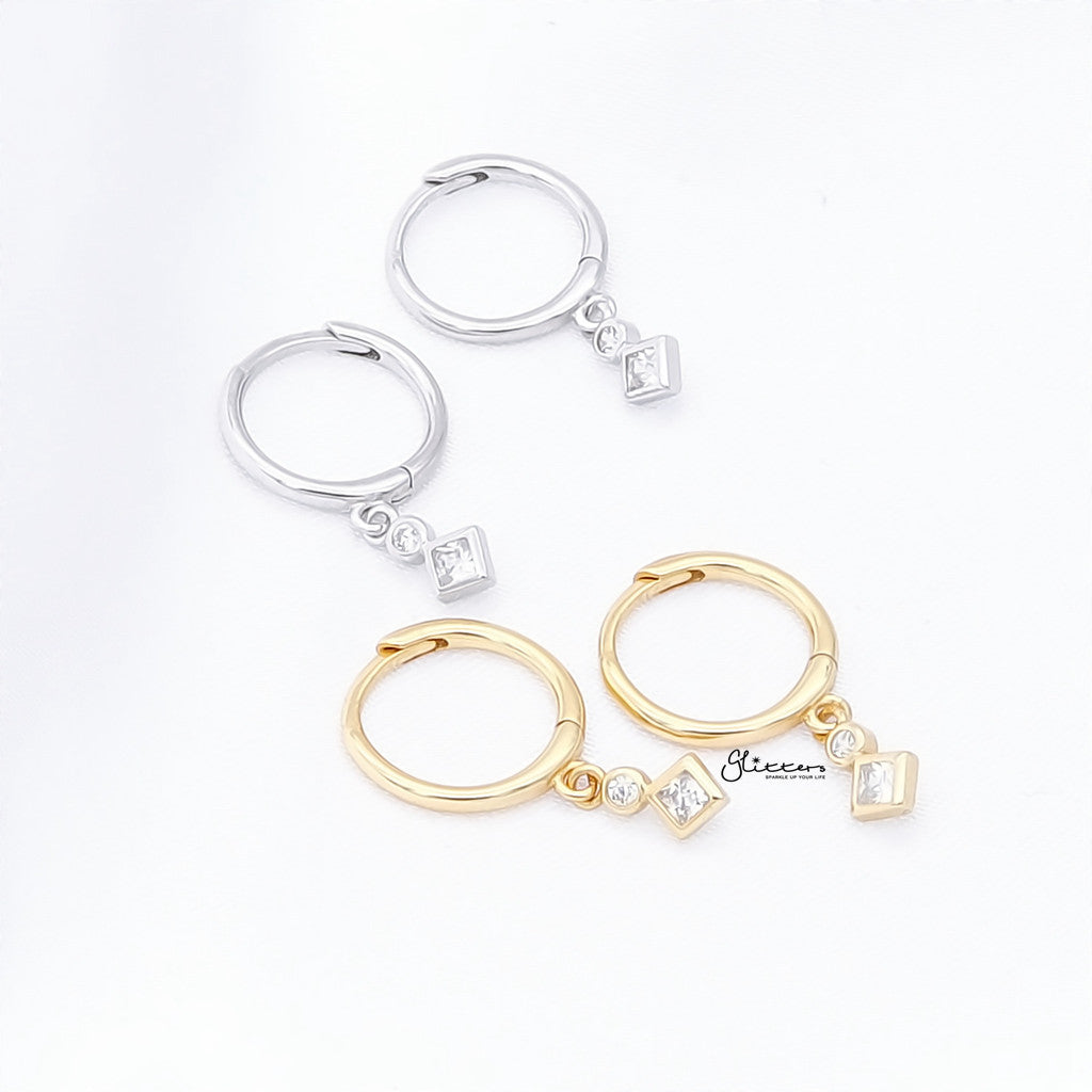 Rhombus and Round CZ Charm Hoop Earrings - Gold-Hoop Earrings-4-Glitters