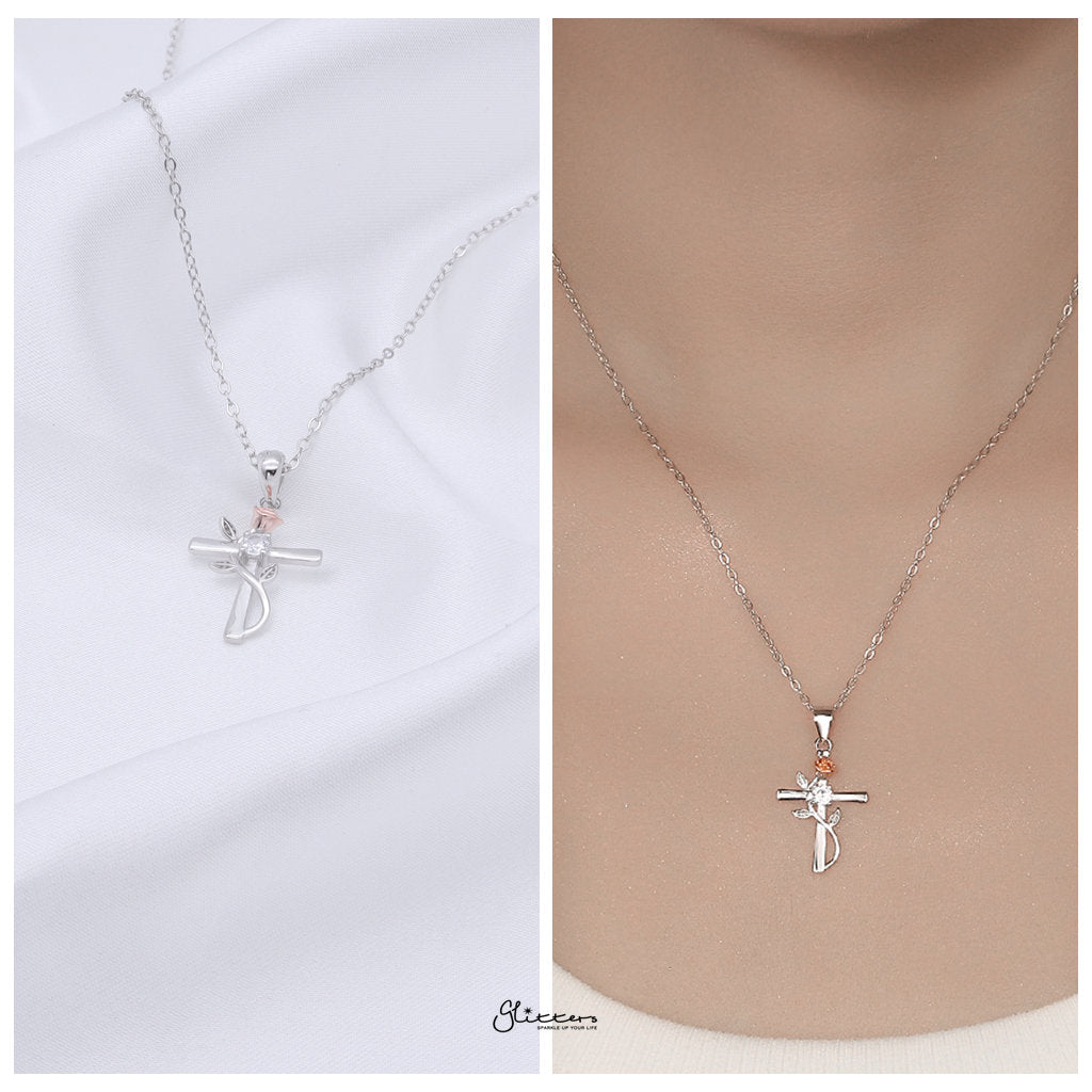 Sterling Silver Rose on Cross Necklace-Sterling Silver Necklaces-2-Glitters