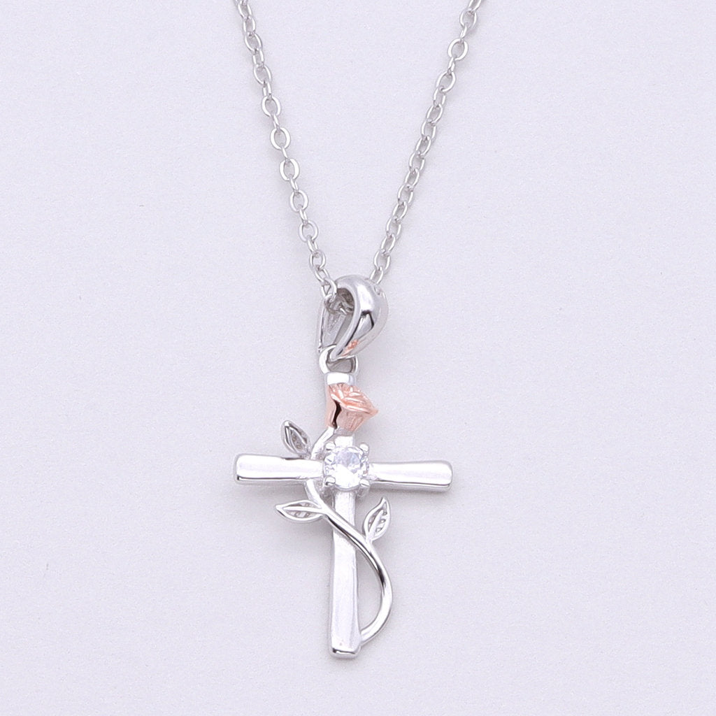 Sterling Silver Rose on Cross Necklace-Sterling Silver Necklaces-1-Glitters