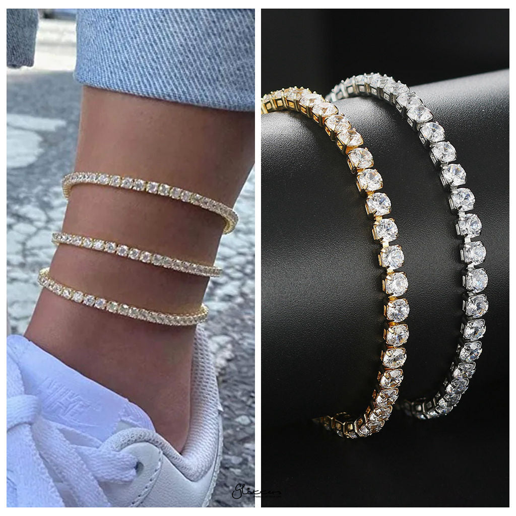 Round Cut C.Z Tennis Chain Anklet - Silver-Ice Out Bracelets-3-Glitters
