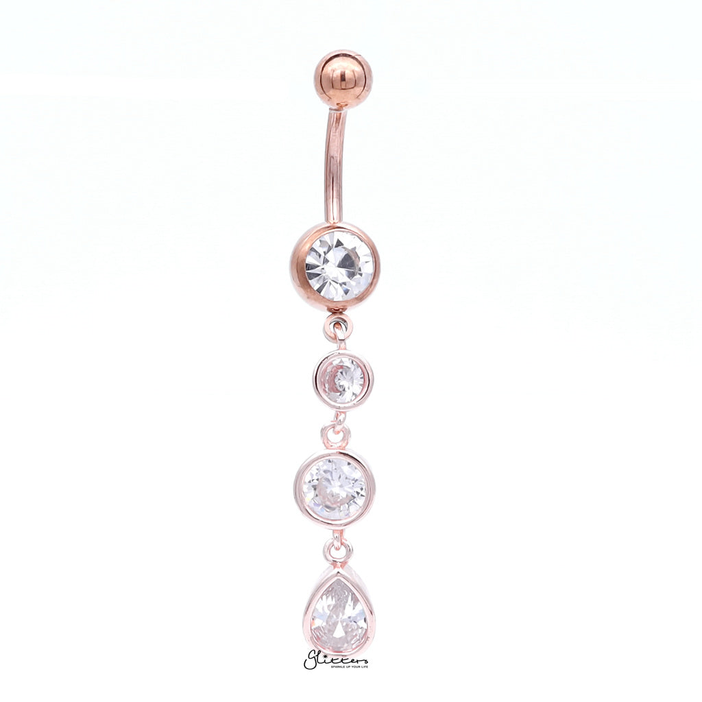 Triple CZ Dangle Belly Button Navel Ring - Rose Gold-Belly Rings-1-Glitters