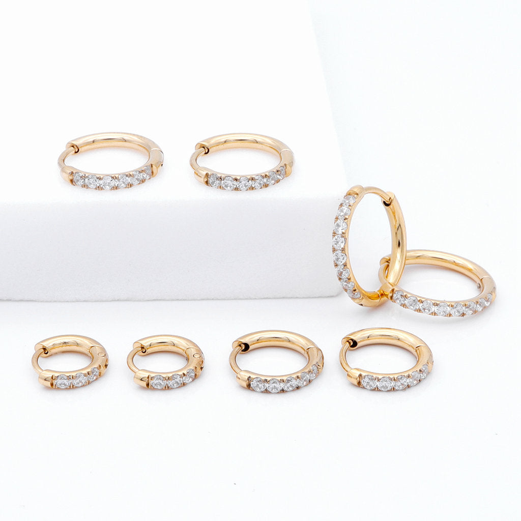 Stainless Steel Round CZ Huggie Hoop Earrings - Gold-Hoop Earrings-1-Glitters