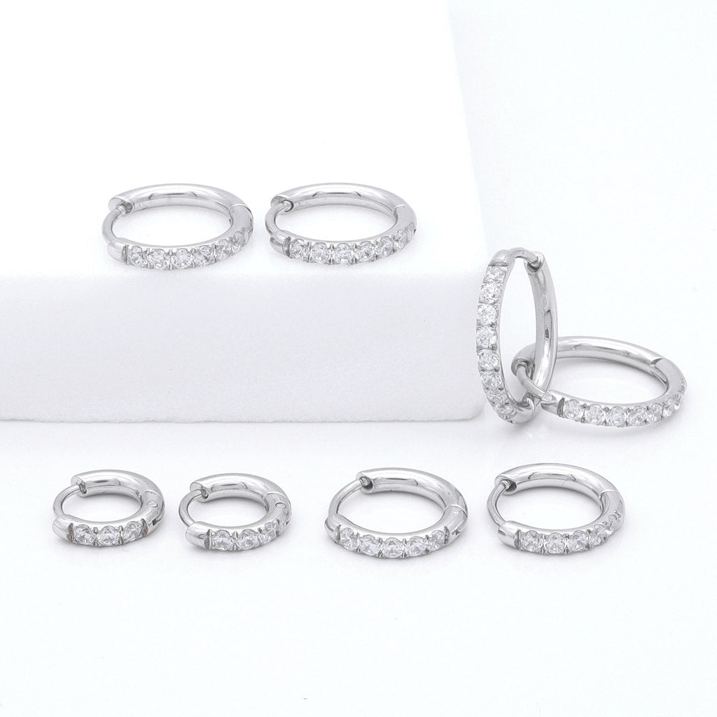 Stainless Steel Round CZ Huggie Hoop Earrings - Silver-Hoop Earrings-1-Glitters