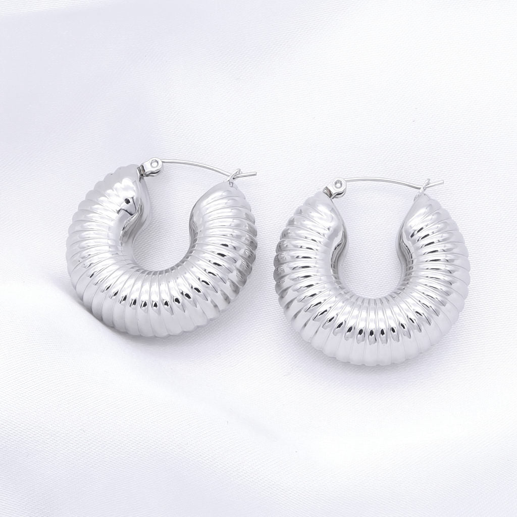Stainless Steel Chunky Textured Hoop Earrings - Silver-Earrings-1-Glitters