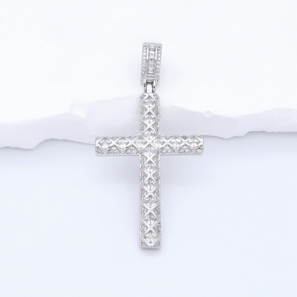 Iced Out Cross Pendant - Silver-Ice Out Pendants-1-Glitters