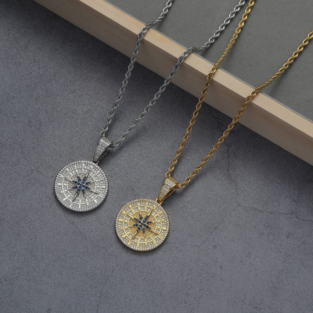 Iced Out Compass Pendant - Silver-Ice Out Pendants-3-Glitters