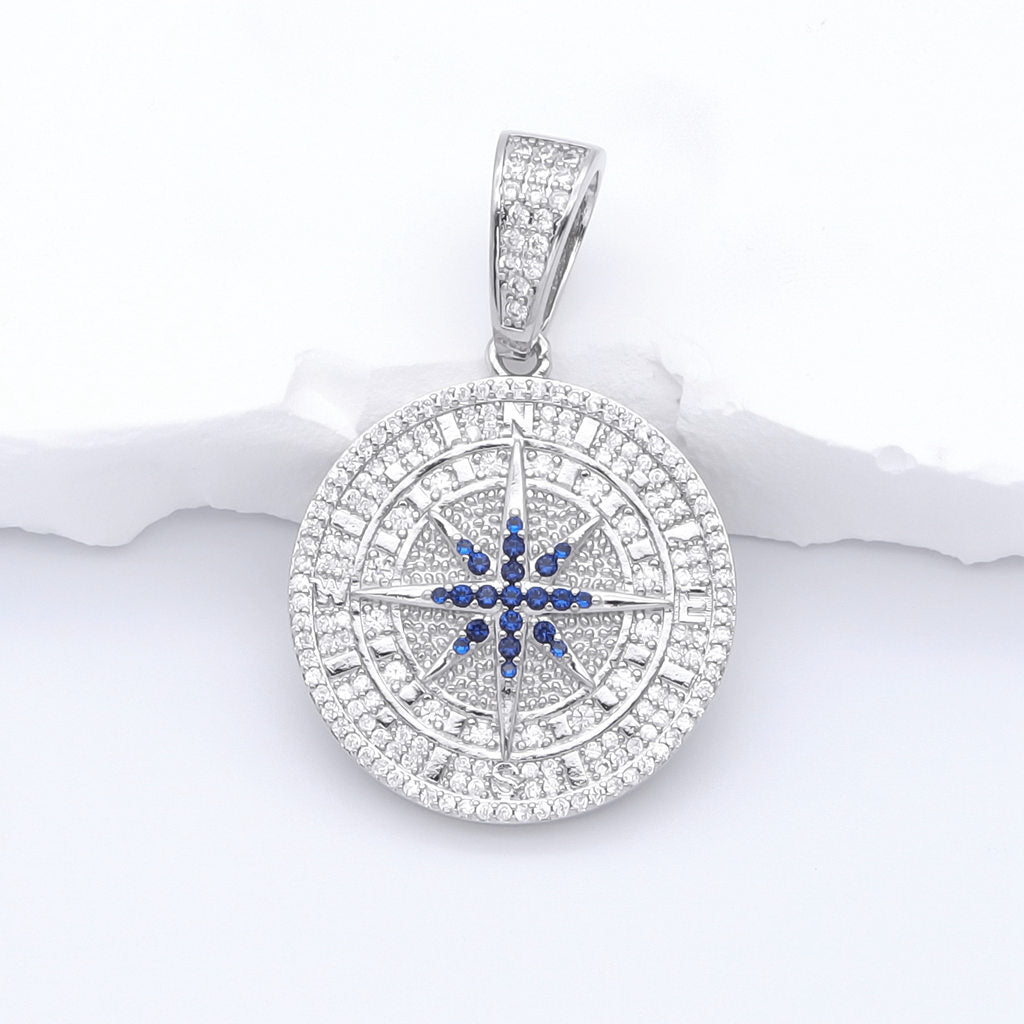 Iced Out Compass Pendant - Silver-Ice Out Pendants-1-Glitters