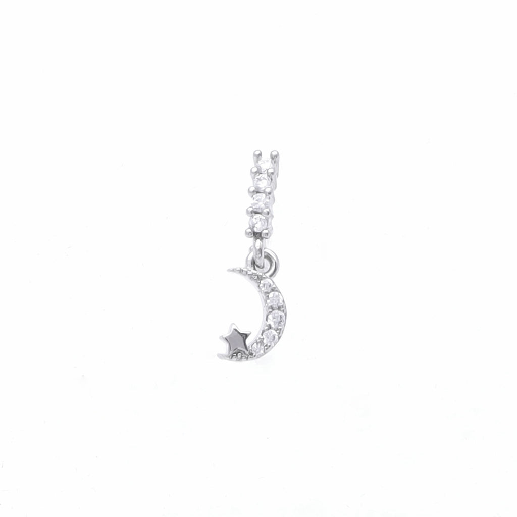 CZ Hoop Nose Ring with Dangle Crescent Moon and Star - Silver-Nose Studs-1-Glitters