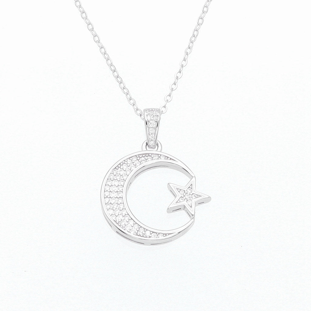 Sterling Silver Crescent and Star Necklace-Sterling Silver Necklaces-1-Glitters