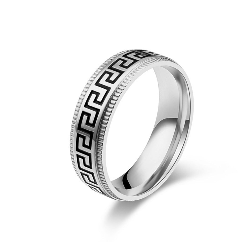 Stainless Steel Greek Key Pattern Band Ring - Silver-Stainless Steel Rings-1-Glitters