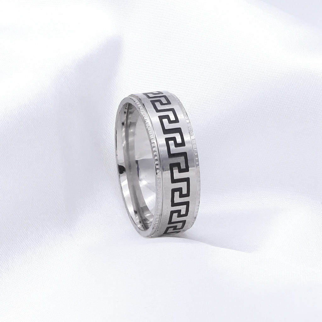 Stainless Steel Greek Key Pattern Band Ring - Silver-Stainless Steel Rings-2-Glitters