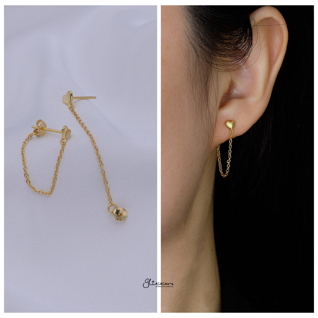 Sterling Silver Heart with Chain Stud Earrings - Gold-Stud Earrings-2-Glitters