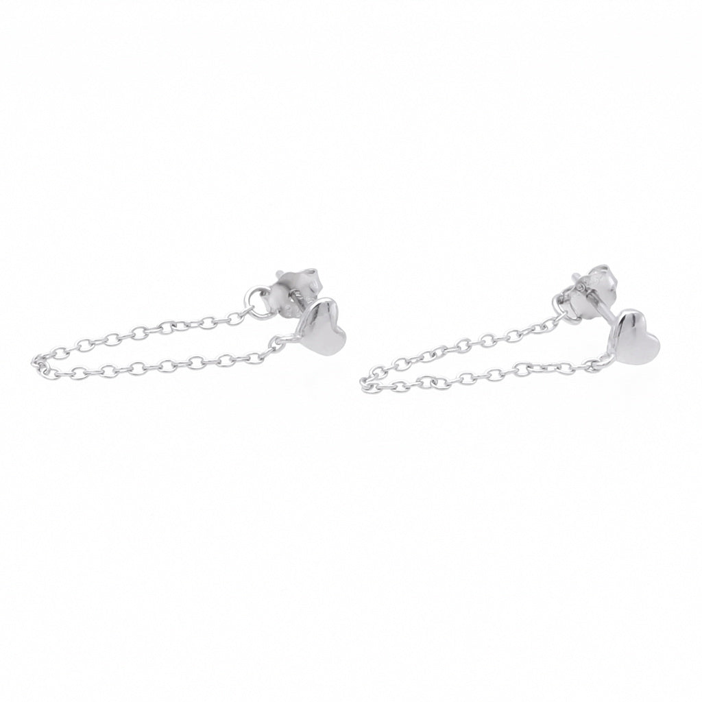 Sterling Silver Heart with Chain Stud Earrings - Silver-Stud Earrings-1-Glitters