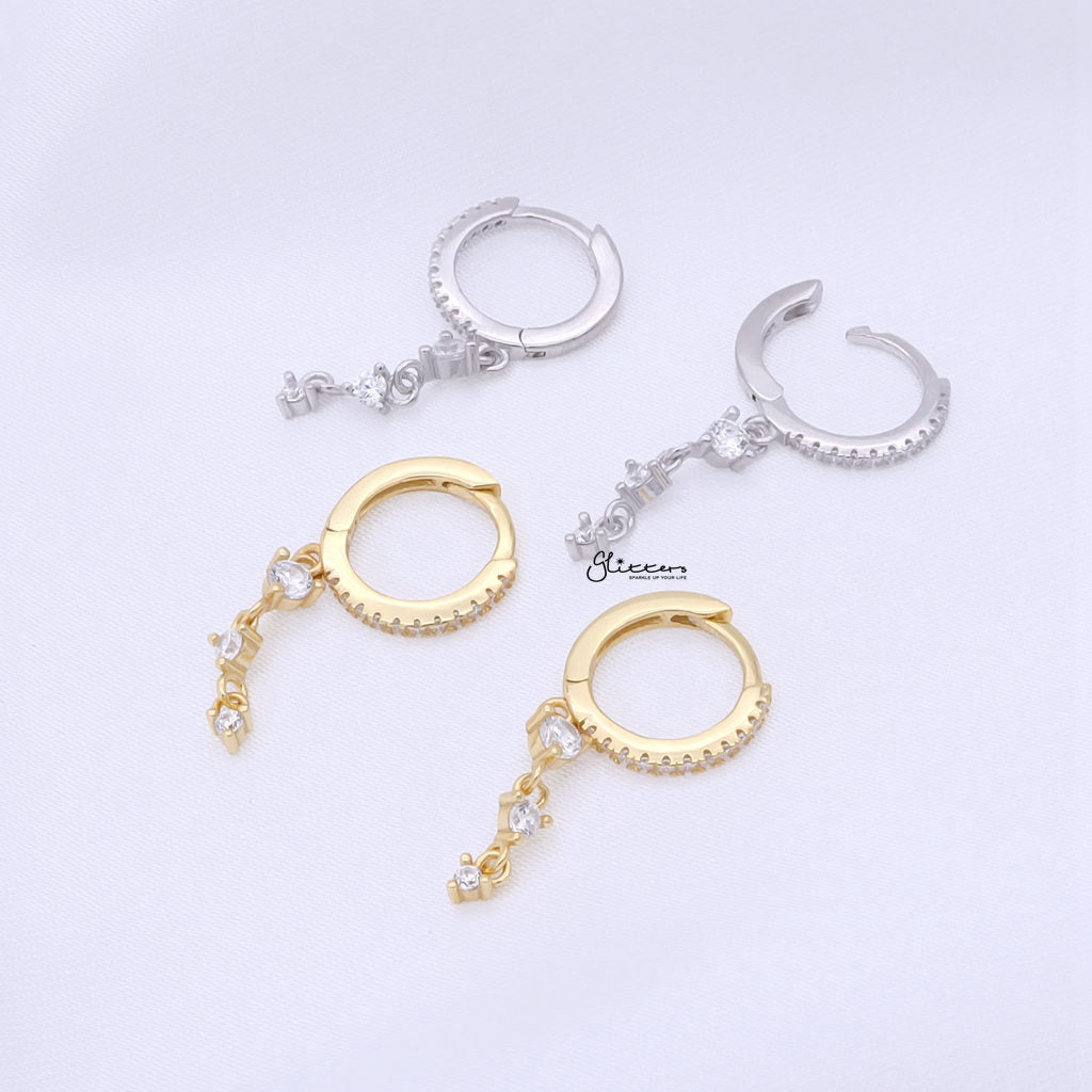 Triple Round CZ Charm Hoop Earrings - Silver-Hoop Earrings-3-Glitters