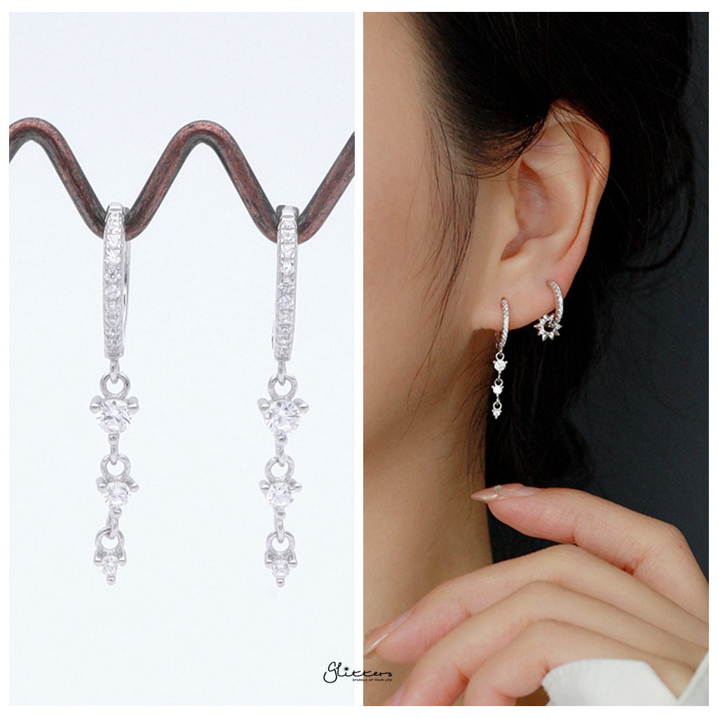 Triple Round CZ Charm Hoop Earrings - Silver-Hoop Earrings-2-Glitters