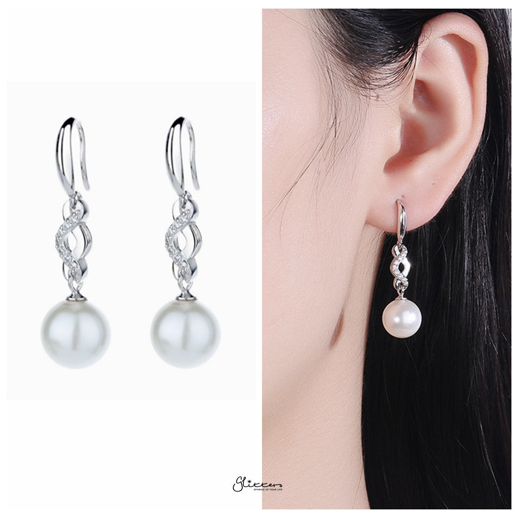 Sterling Silver Infinity Charm with Pearl Hook Earrings-Hoop Earrings-2-Glitters