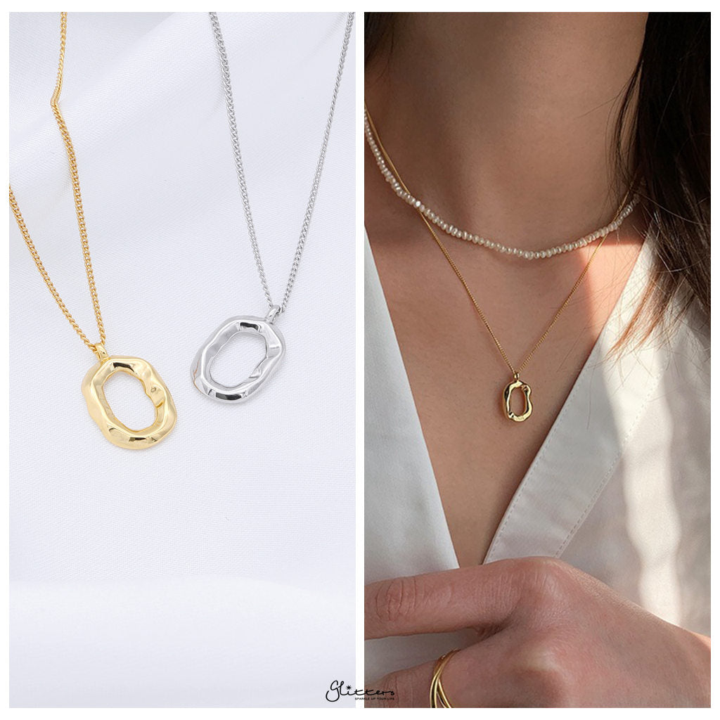 Sterling Silver Irregular Oval Necklace - Gold-Sterling Silver Necklaces-2-Glitters