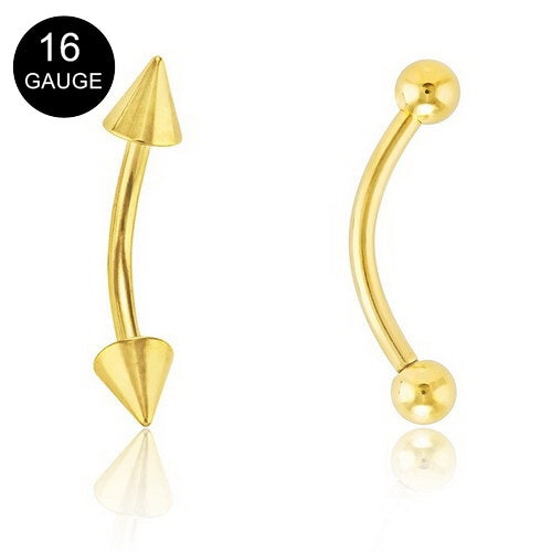 16GA 18k Gold Ion Plated Over 316L Surgical Steel Curved Eyebrow-Body Piercing Jewellery, Eyebrow-177-Glitters