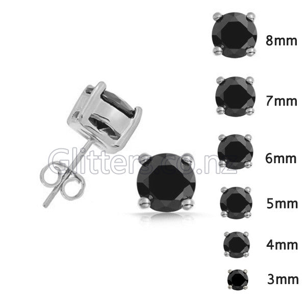 Rhodium Plated Black Round Cubic Zirconia Studs Earrings-3mm | 4mm | 5mm | 6mm | 7mm | 8mm-Cubic Zirconia, earrings, Hip Hop Earrings, Iced Out, Jewellery, Men's Earrings, Men's Jewellery, Stud Earrings, Women's Earrings, Women's Jewellery-400-Glitters
