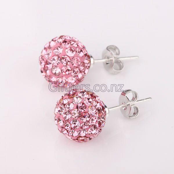 Pink Colour Crystal Ferido Disco Ball Stud Earrings-earrings, Jewellery, Sterling Silver Post, Stud Earrings, Women's Earrings, Women's Jewellery-545-Glitters