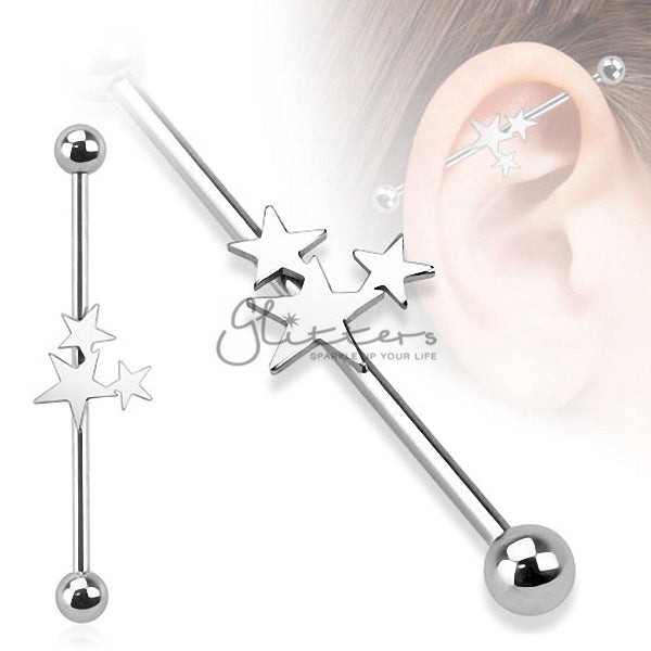 14GA 316L Surgical Steel Three Stars Industrial Barbells-Body Piercing Jewellery, Industrial Barbell-736-Glitters