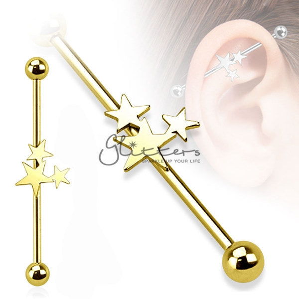 14GA 316L Surgical Steel Three Stars Industrial Barbells-Body Piercing Jewellery, Industrial Barbell-738-Glitters
