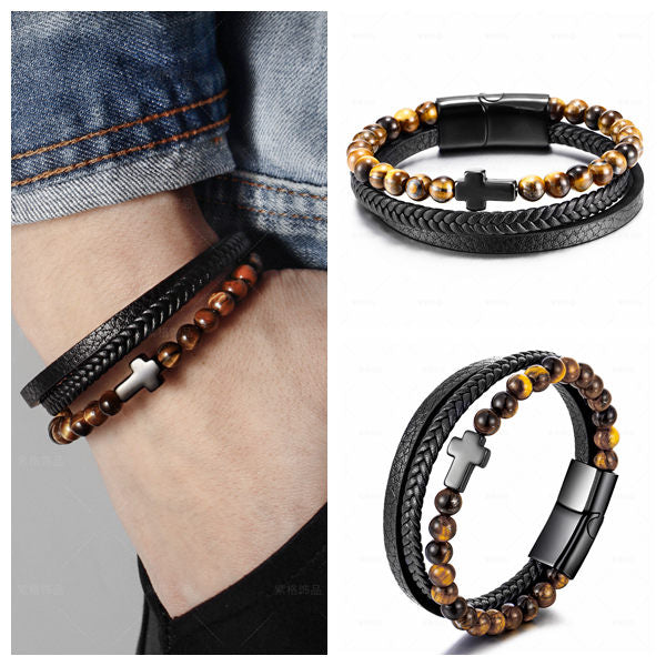 Tiger Eye Beads with Cross Multilayer Leather Bracelet-Bracelets, Jewellery, leather bracelet, Men's Bracelet, Men's Jewellery, Stainless Steel-BCL0209-3-Glitters