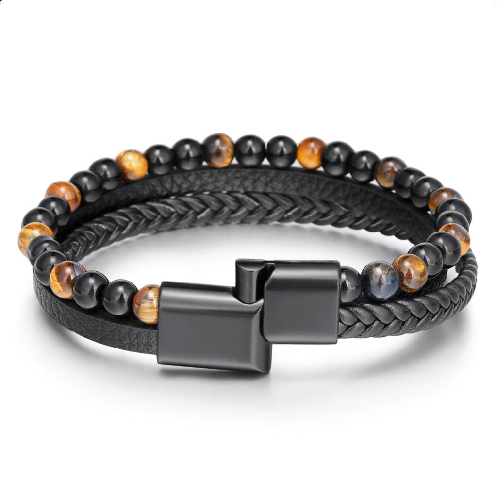 Tiger Eye Beads Multilayer Leather Bracelet-Bracelets, Jewellery, leather bracelet, Men's Bracelet, Men's Jewellery, Stainless Steel-BCL0210_2-Glitters