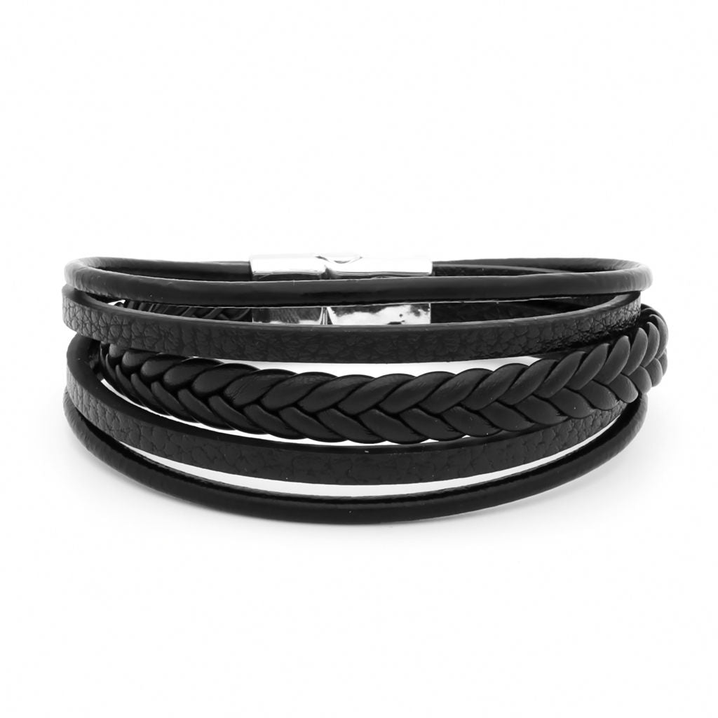 Multilayer Braided Black Leather Bracelet With Magnetic Clasp-Bracelets, Jewellery, leather bracelet, Men's Bracelet, Men's Jewellery-BCL0215-1_1-Glitters
