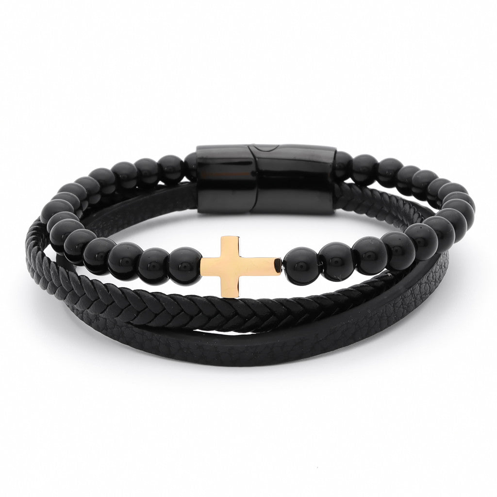 Hematite Beads with Cross Multilayer Leather Bracelet-Bracelets, Jewellery, leather bracelet, Men's Bracelet, Men's Jewellery, New, Stainless Steel-BCL0220-1_1-Glitters