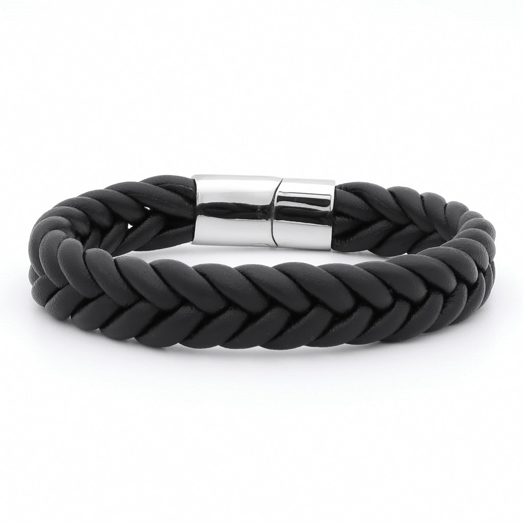 Black Braided One Line Leather Bracelet - 14mm width-Bracelets, Jewellery, leather bracelet, Men's Bracelet, Men's Jewellery, New, Stainless Steel-BCL0225-1_1-Glitters