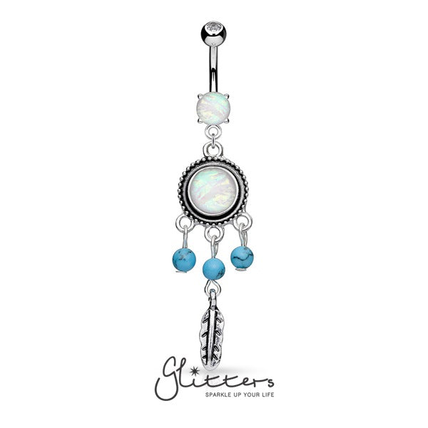 Opal Glitter Center with Turquoise Beads Dream Catcher Belly Ring-Belly Ring, Body Piercing Jewellery, Cubic Zirconia-BJ0268-Glitters