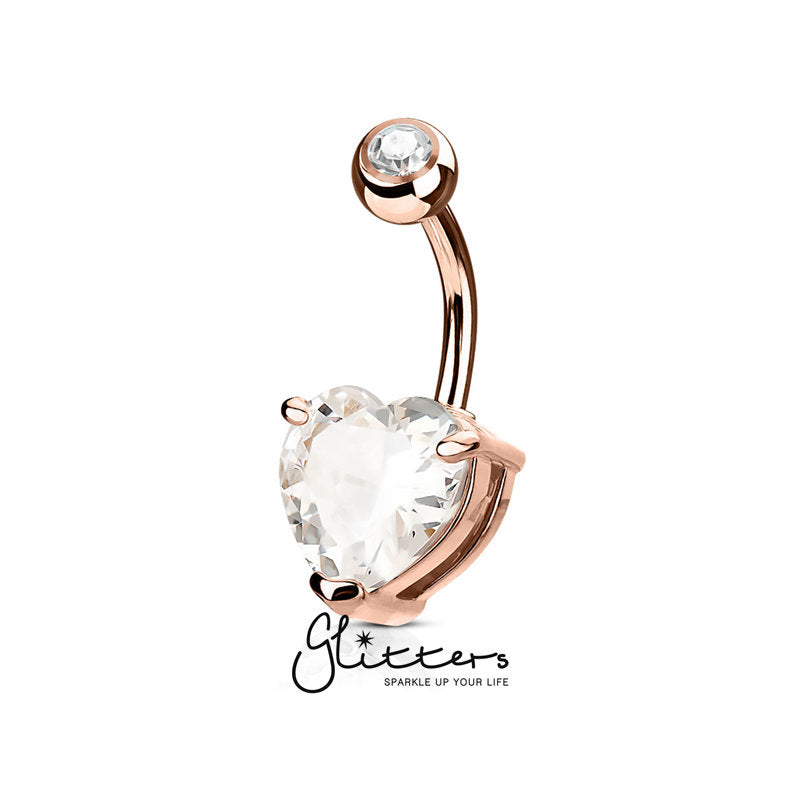 Double Gemmed Solitaire Heart CZ Prong Set Belly Button Ring - Rose Gold-Belly Ring, Body Piercing Jewellery, Cubic Zirconia-BJ02891-Glitters