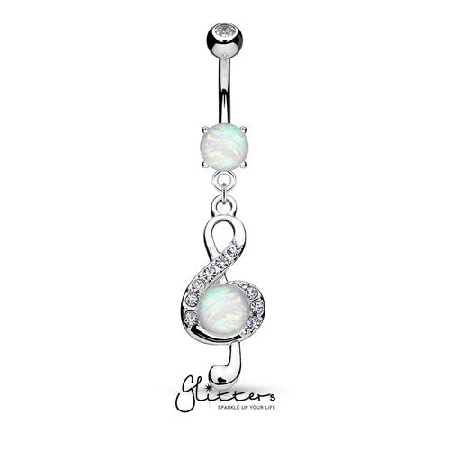 Opal Glitter Center Crystal Paved Treble Clef Dangle Belly Button Navel Ring-Silver-Belly Ring, Body Piercing Jewellery, Crystal-BJ0294-1-Glitters