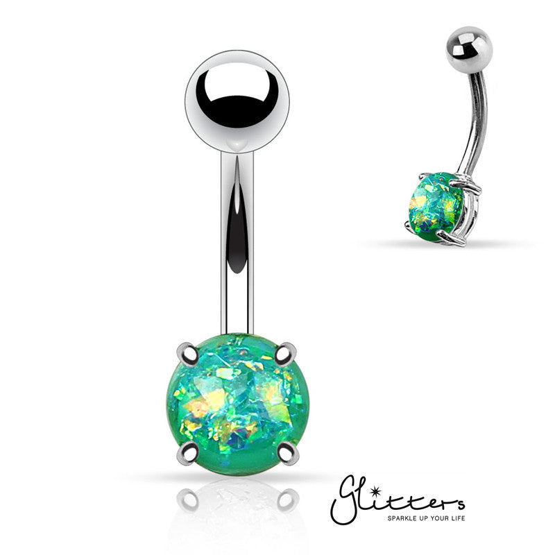 Opal Glitter Prong Set Belly Button Ring - Green-Belly Ring, Body Piercing Jewellery-BJ0295-7-Glitters