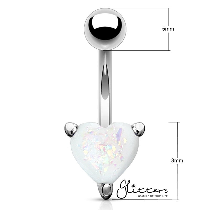 Opal Glitter Prong Heart Set Belly Button Ring - White-Belly Ring, Body Piercing Jewellery-BJ0296-3_New-Glitters